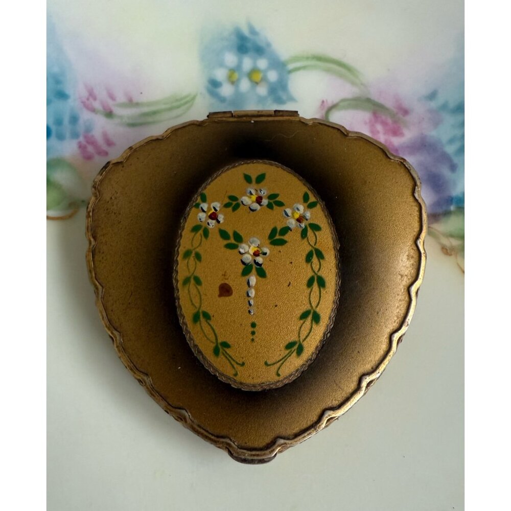 Vintage 1930s Brass Hand Painted Floral Rough Blush Compact/Mirror - Picture 8 of 11
